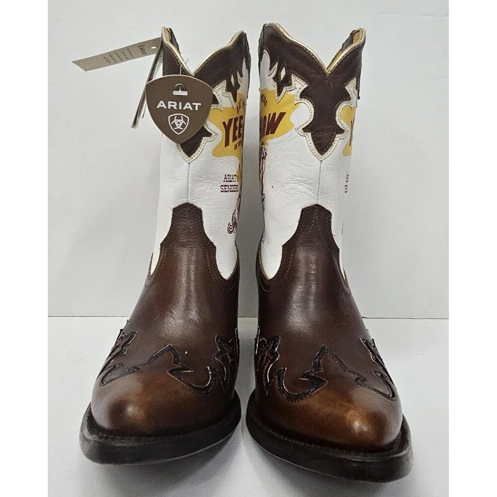 Ariat x Sendero Bandida Western Boots Mocha Tan Yeehaw Print 6.5B 10064052 NWOB